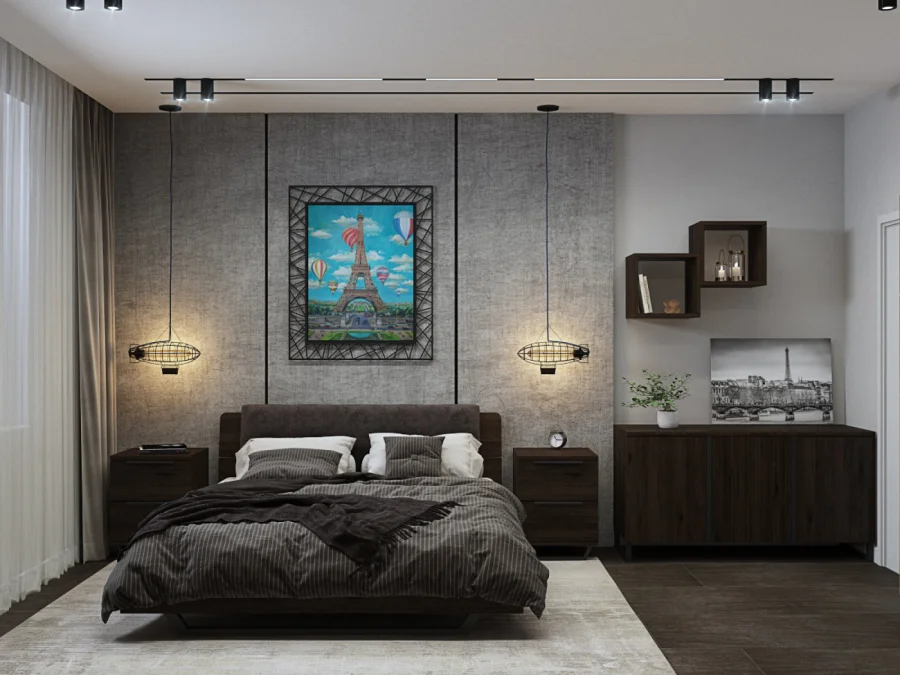 Modern Industrial Bedroom with Eiffel Tower Artwork